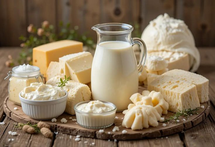 assorted dairy products with cheese, milk, yogurt, and butter in rustic farm to table setting